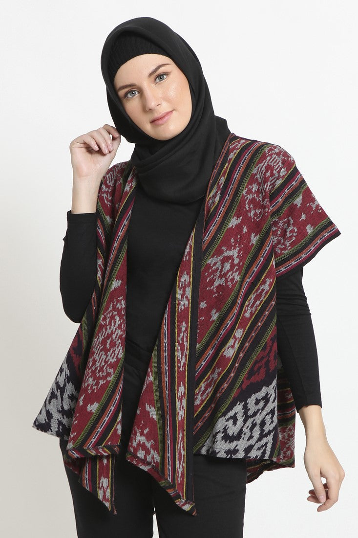 Outer Tenun Merah Corak Lengan Pendek