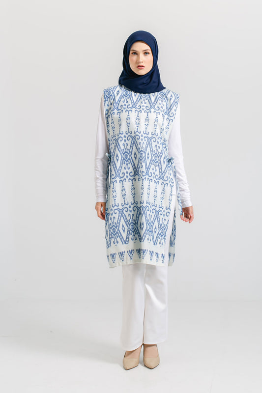 Hafiy Side Tie Blue Tenun Long Vest