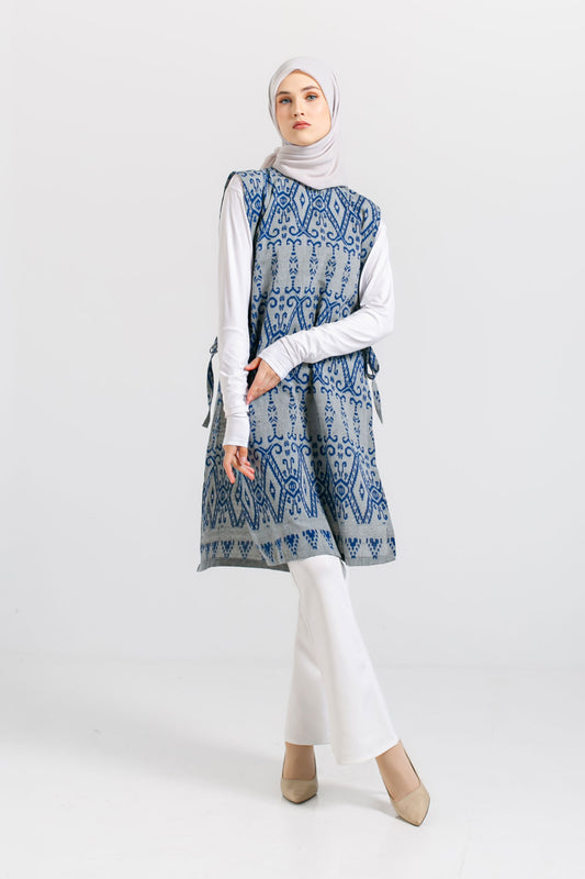 Hafiy Side Tie Navy Grey Tenun Long Vest