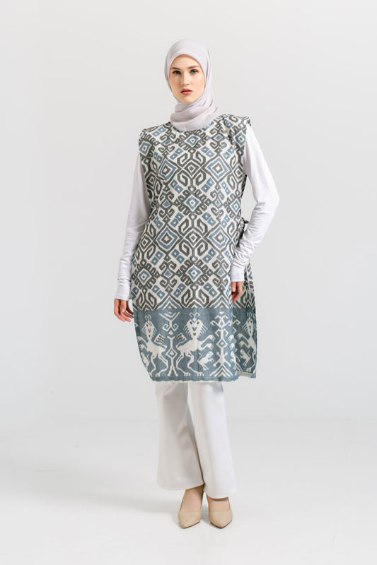 Hafiy Side Tie Grey Blue Tenun Long Vest