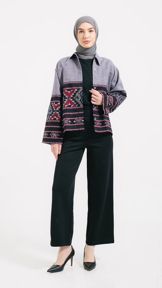 Yeni Grey Red Tenun Crop Shirt