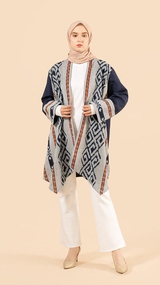 Afita Navy Grey III Tenun Long Cardigan
