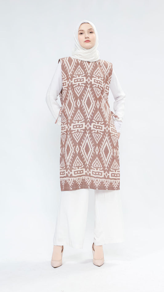 Hafiy Side Tie Light Brown Tenun Long Vest