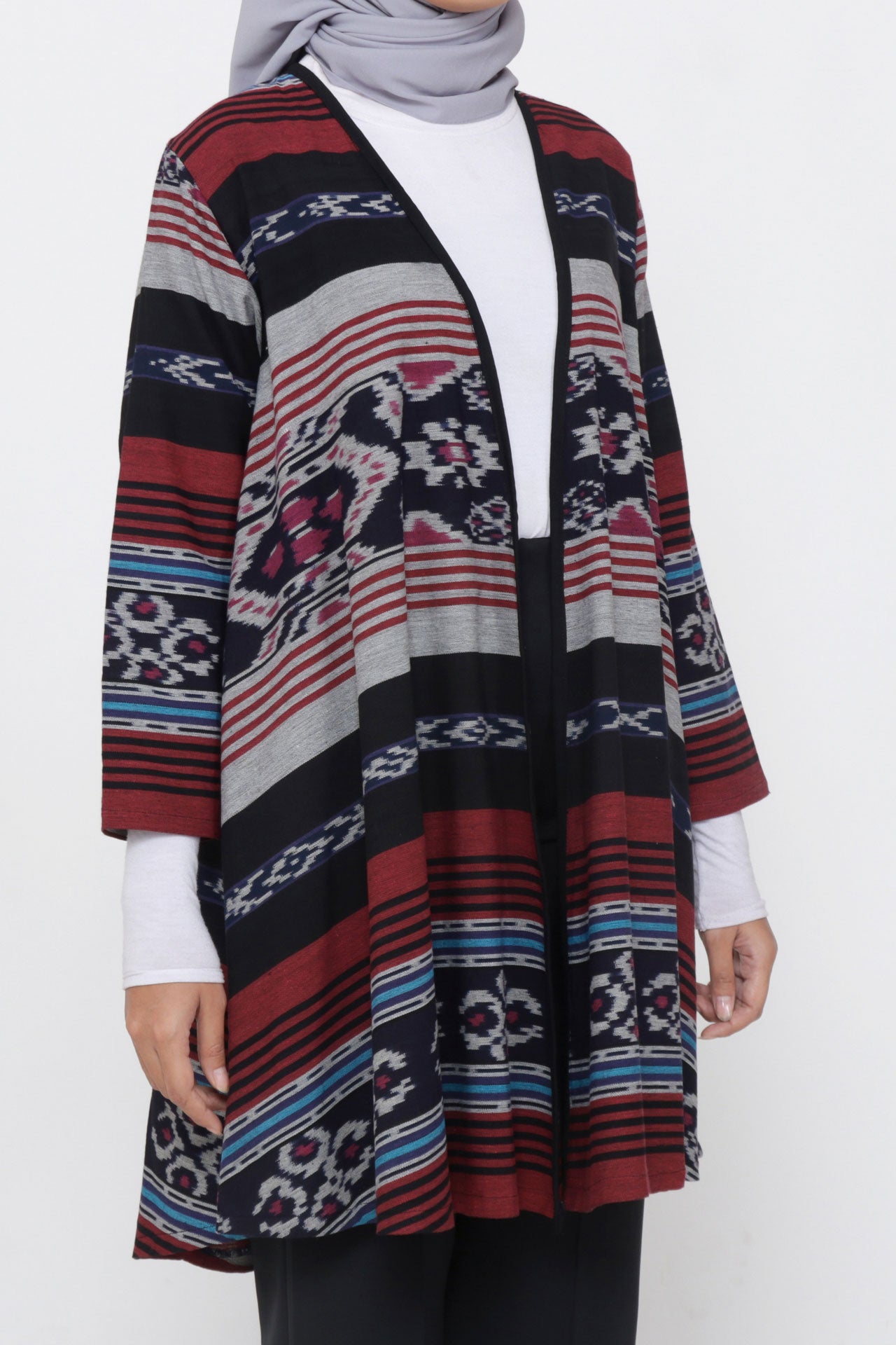 Evlin Maroon Grey Tenun Long Cardigan