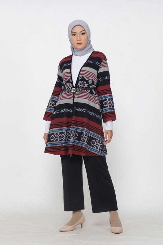 Evlin Maroon Grey Tenun Long Cardigan
