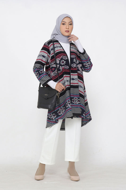 Evlin Grey Crimson Tenun Long Cardigan