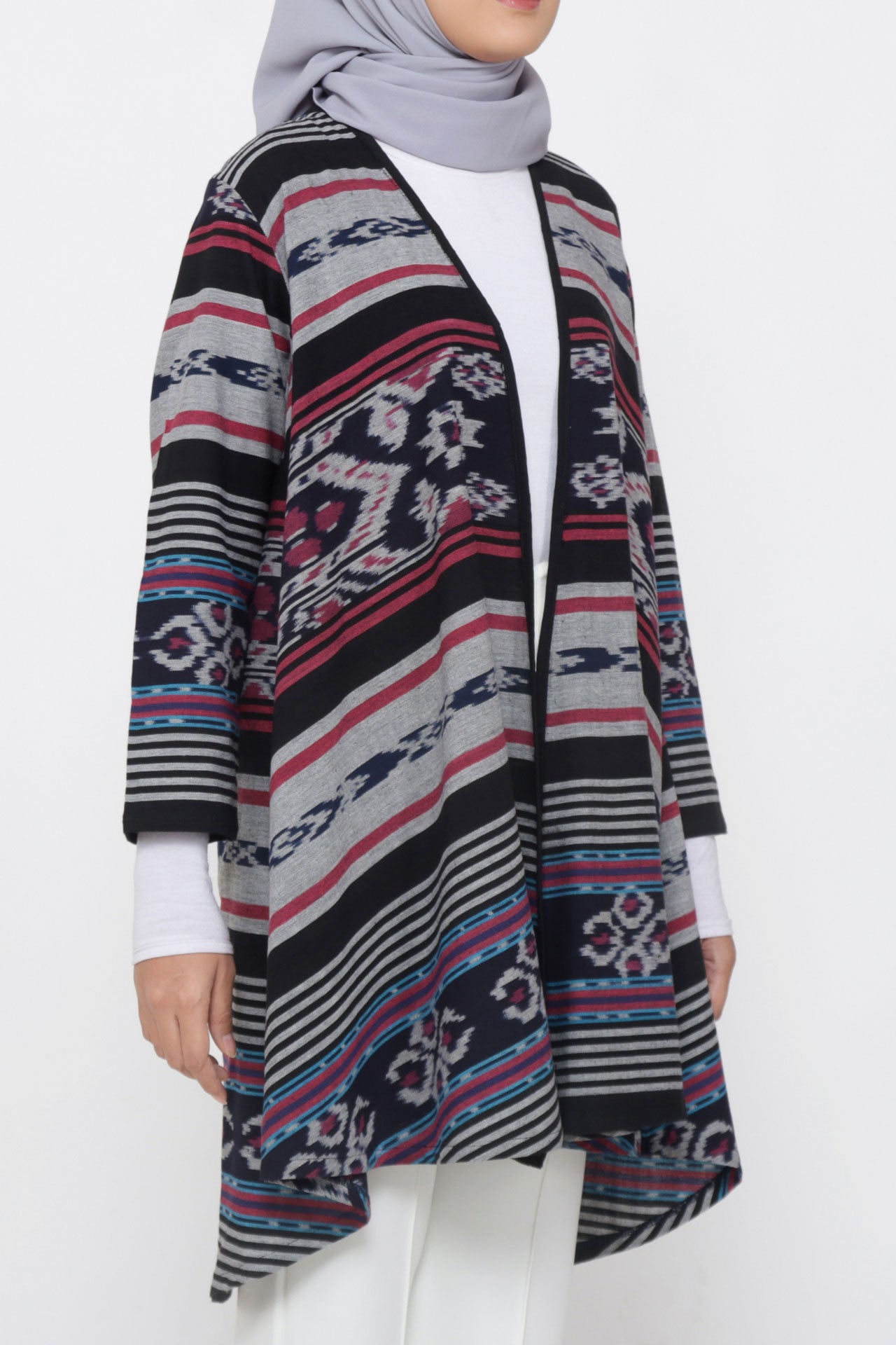 Evlin Grey Crimson Tenun Long Cardigan