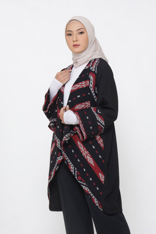 Arjani Black Red Tenun Long Cardigan