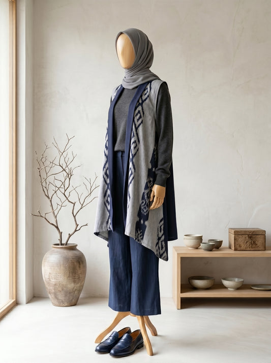Kila Navy Grey III Tenun Long Vest