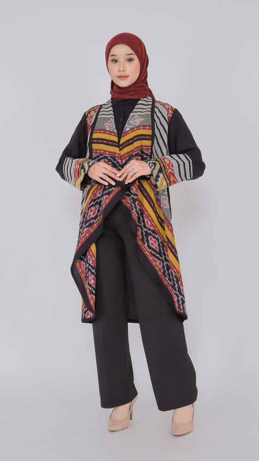 Sevinc Grey Red Tenun Long Cardigan