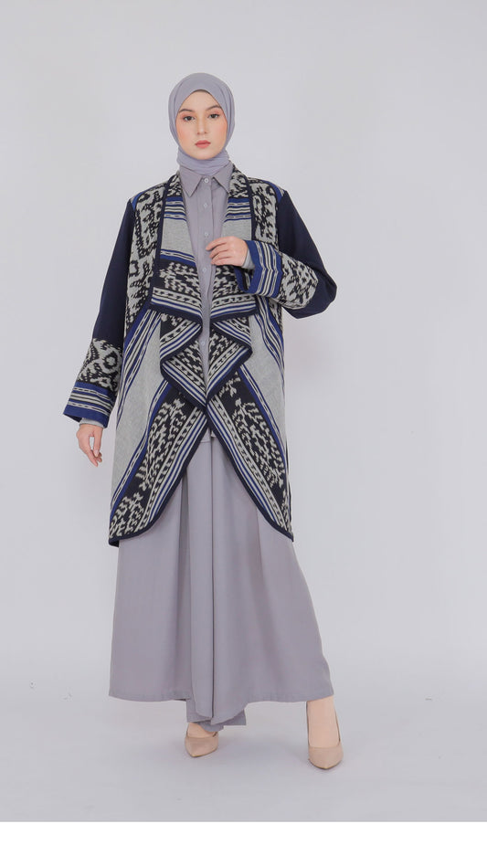 Sevinc Navy Grey II Tenun Long Cardigan