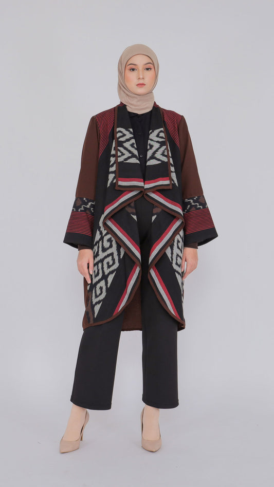 Sevinc Dark Brown Red Tenun Long Cardigan