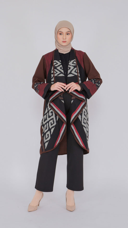 Sevinc Dark Brown Red Tenun Long Cardigan
