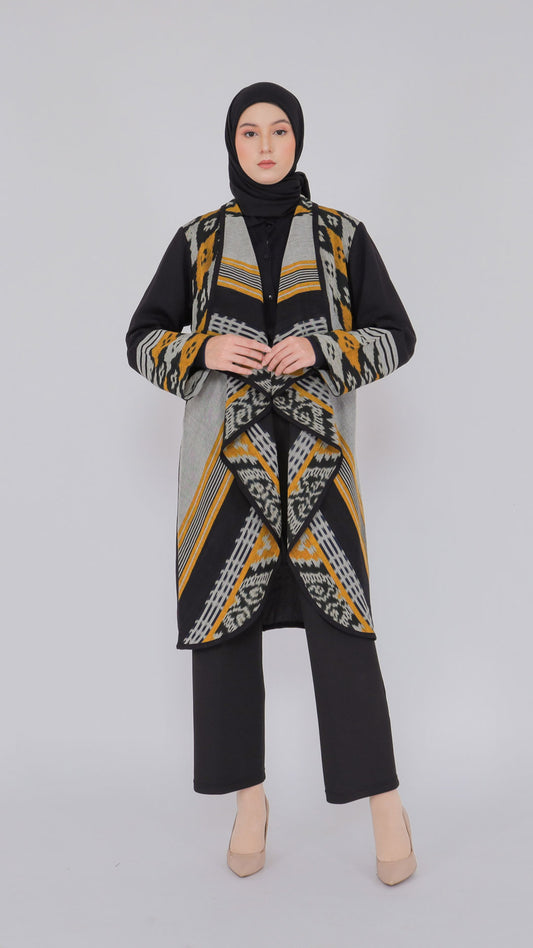 Sevinc Grey Mustard Tenun Long Cardigan