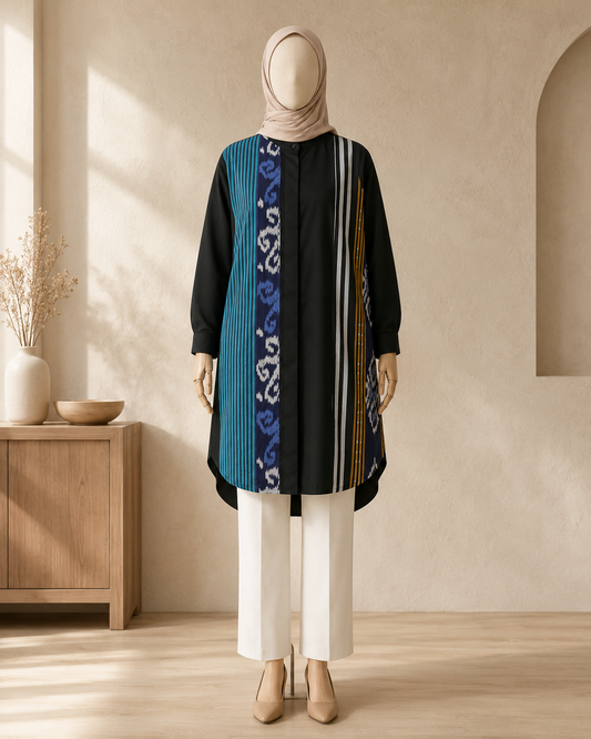 Viera Black Teal Oversize Tenun Tunic