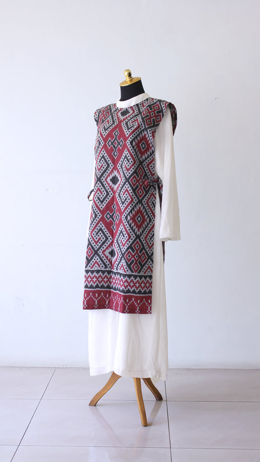 Hafiy Side Tie Red Tenun Long Vest