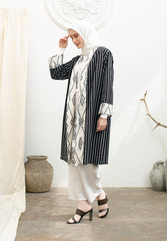 Beyza Black White Tenun Long Cardigan
