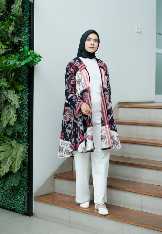 Emelin Red White Tenun Long Cardigan