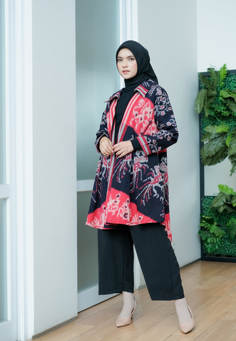 Emelin Black Red Tenun Long Cardigan