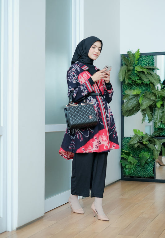 Emelin Black Red Tenun Long Cardigan