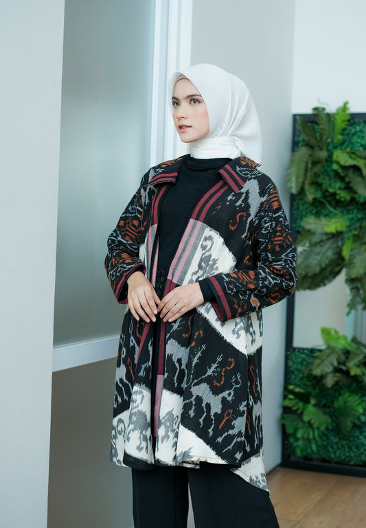 Emelin Brown White Tenun Long Cardigan