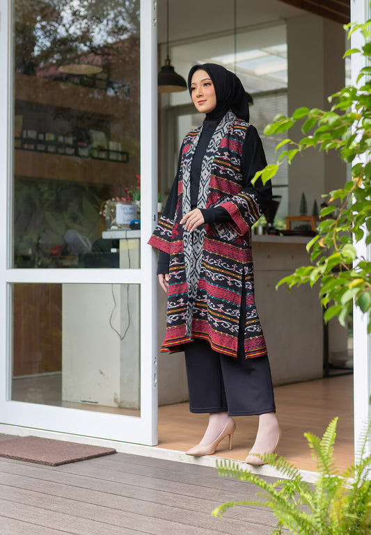 Mujde Red Black Tenun Long Cardigan