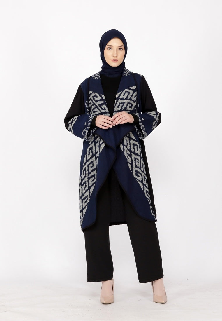 Sevinc Navy Grey Tenun Long Cardigan