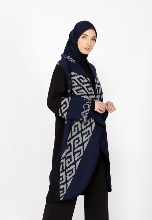 Sevinc Navy Grey Tenun Long Cardigan