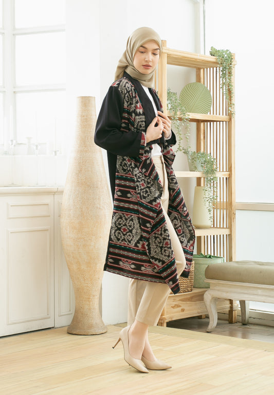 Sevda Black Red Tenun Long Cardigan