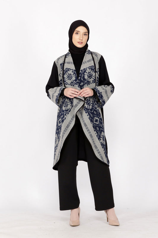 Sevinc Grey Navy Tenun Long Cardigan