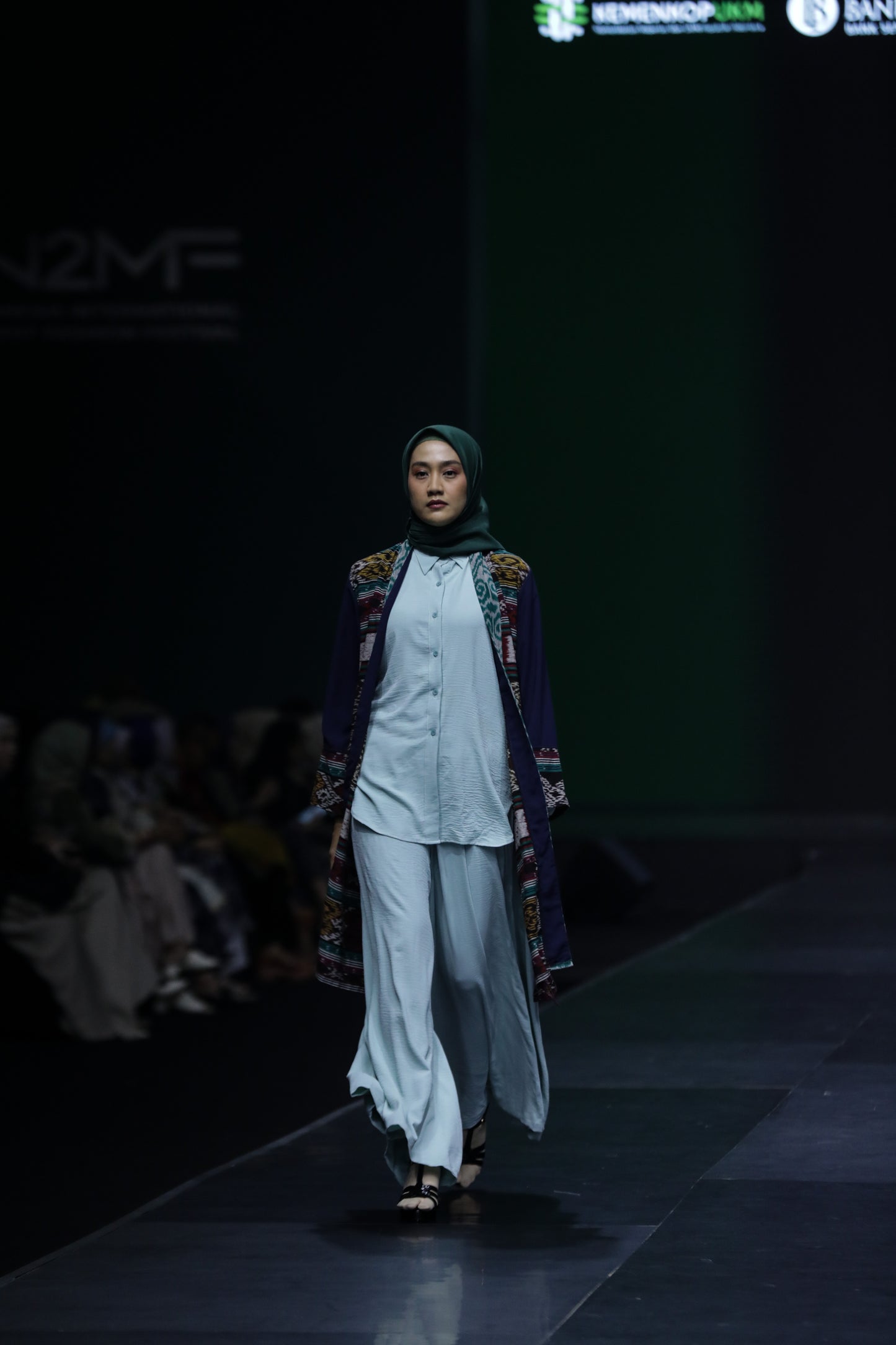 Mujde Green Navy Tenun Set (Long Cardigan, Shirt, Culotte)