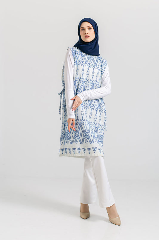 Hafiy Side Tie Blue Tenun Long Vest