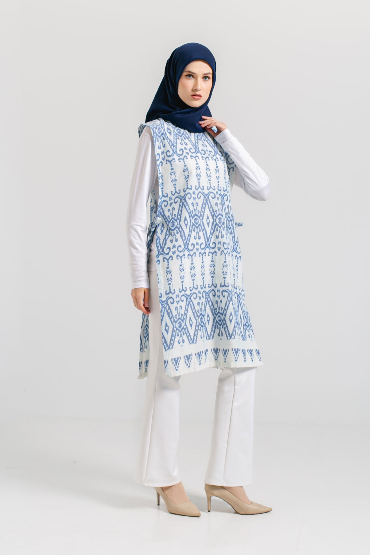 Hafiy Side Tie Blue Tenun Long Vest