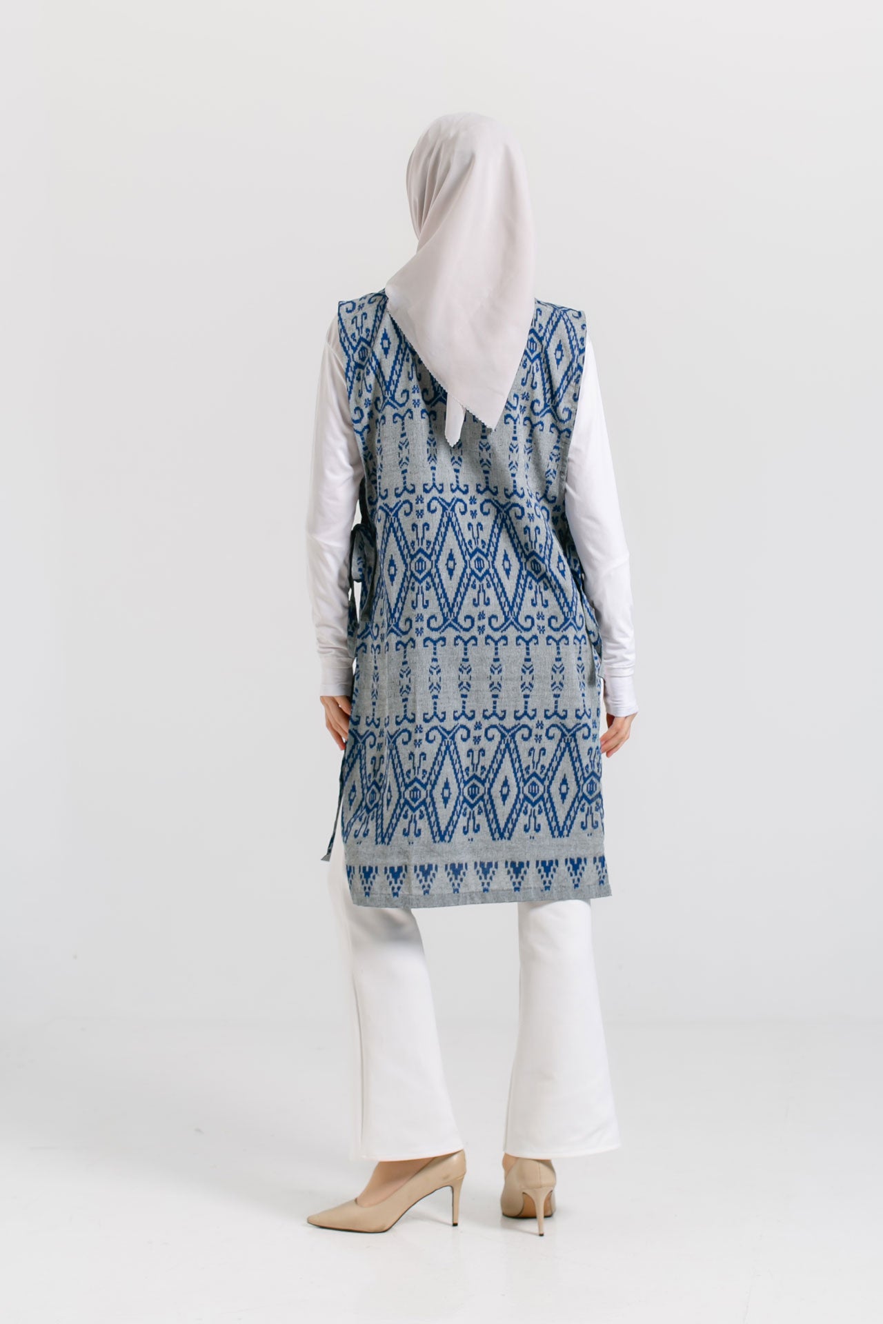 Hafiy Side Tie Navy Grey Tenun Long Vest