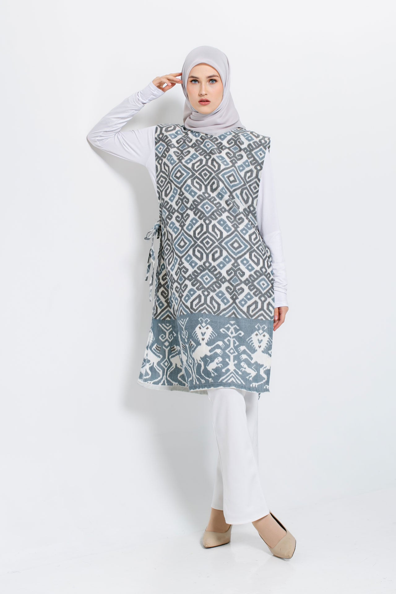 Hafiy Side Tie Grey Blue Tenun Long Vest