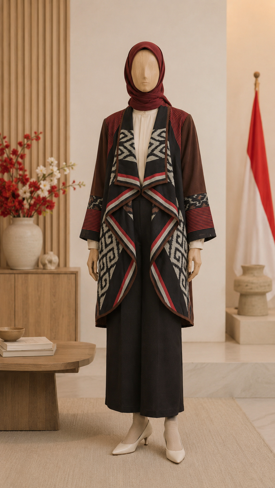 Sevinc Dark Brown Red Tenun Long Cardigan