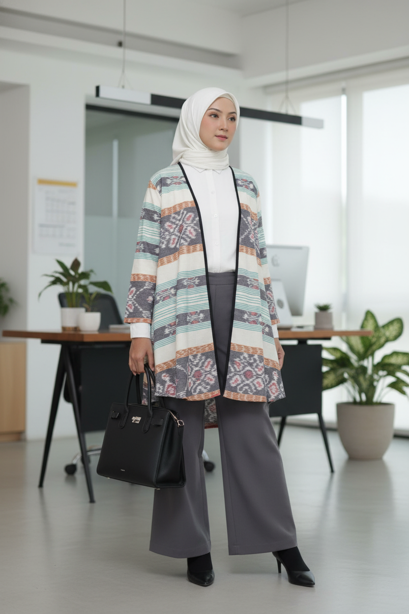 Evlin White Mint Tenun Long Cardigan