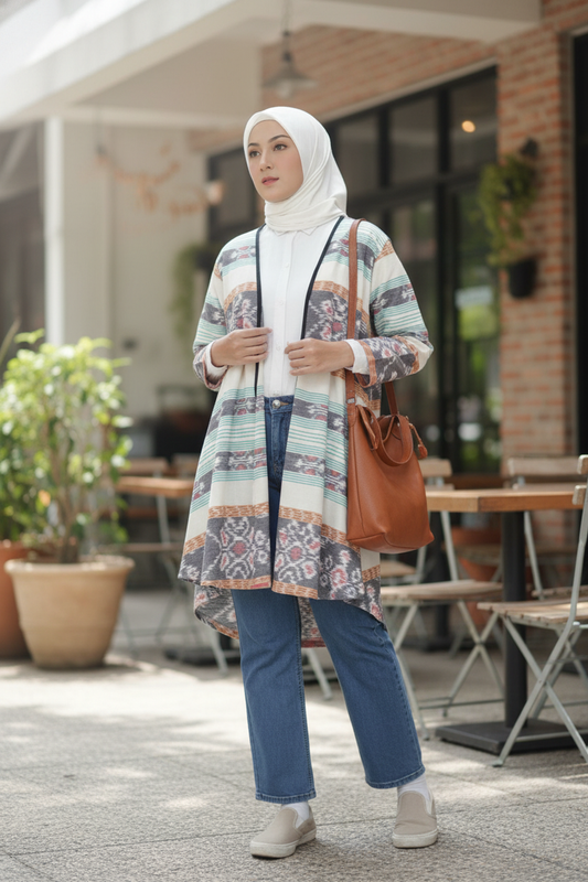 Evlin White Mint Tenun Long Cardigan