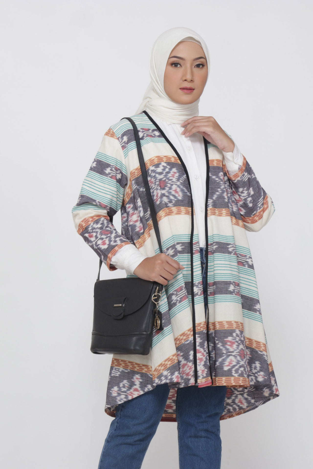 Evlin White Mint Tenun Long Cardigan