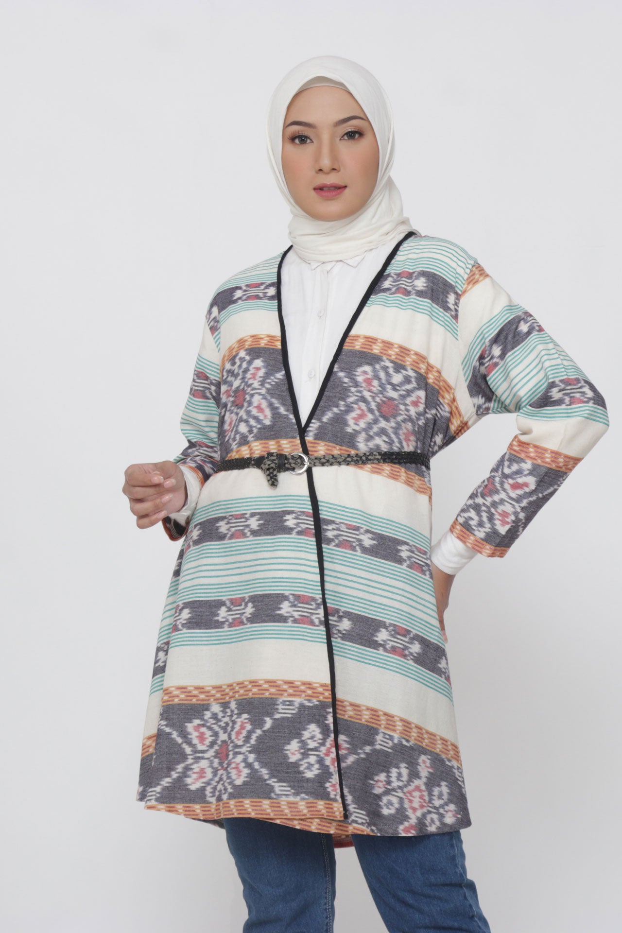 Evlin White Mint Tenun Long Cardigan