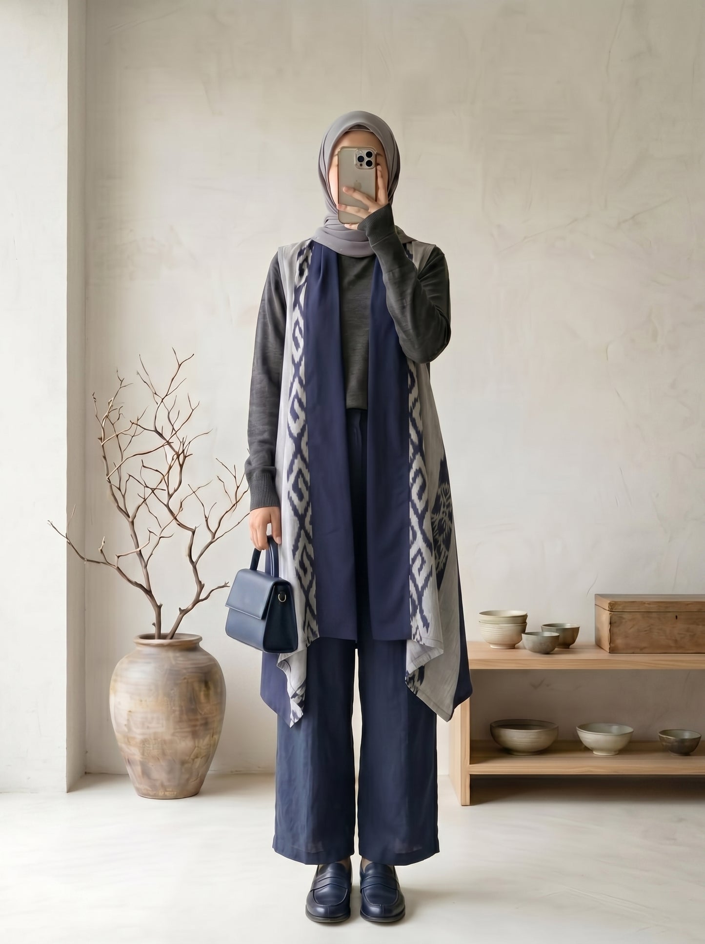 Kila Navy Grey III Tenun Long Vest