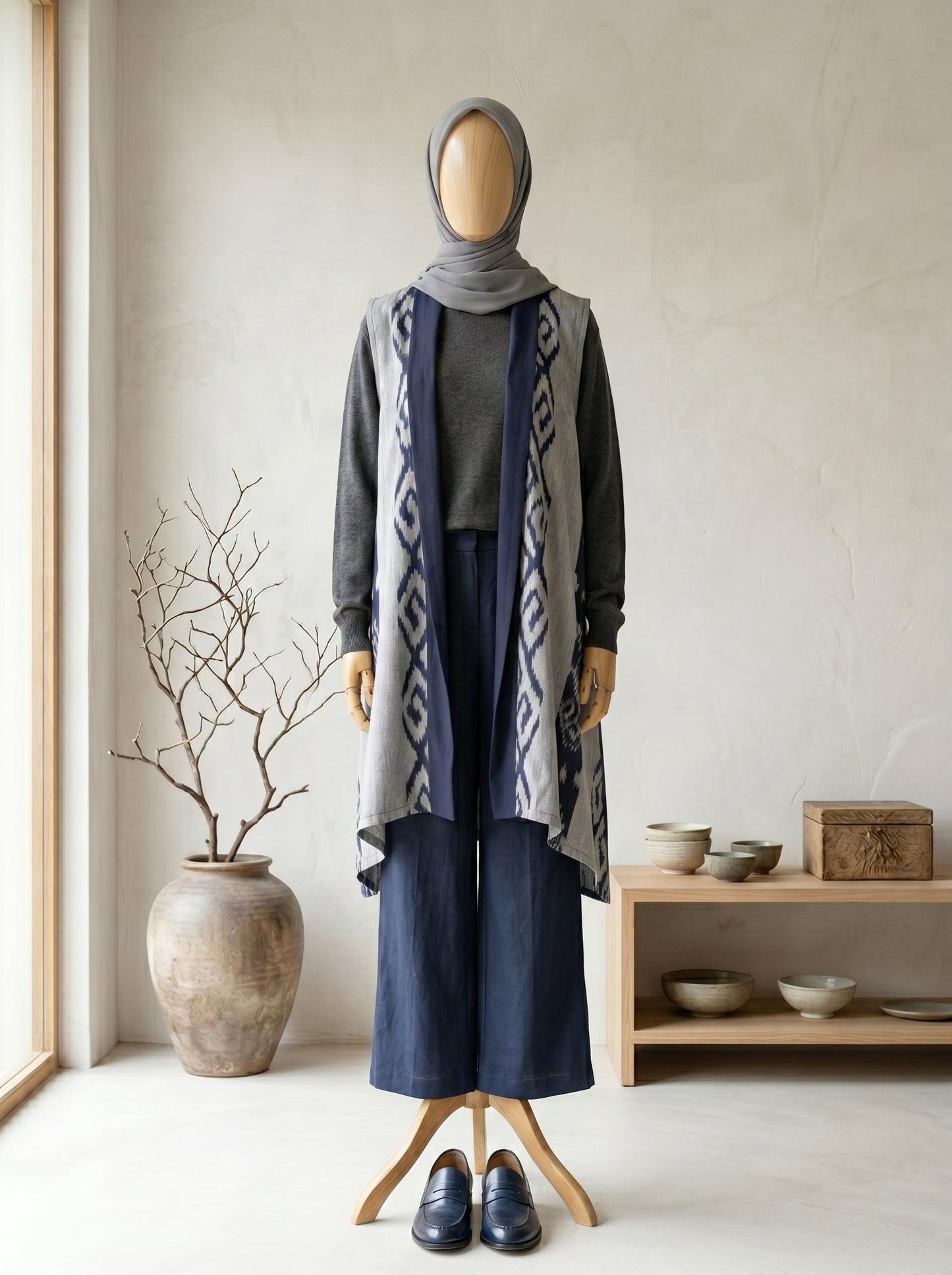 Kila Navy Grey III Tenun Long Vest