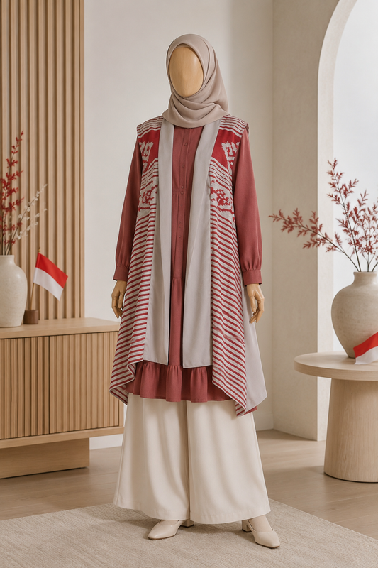 Kila Grey Red Tenun Long Vest