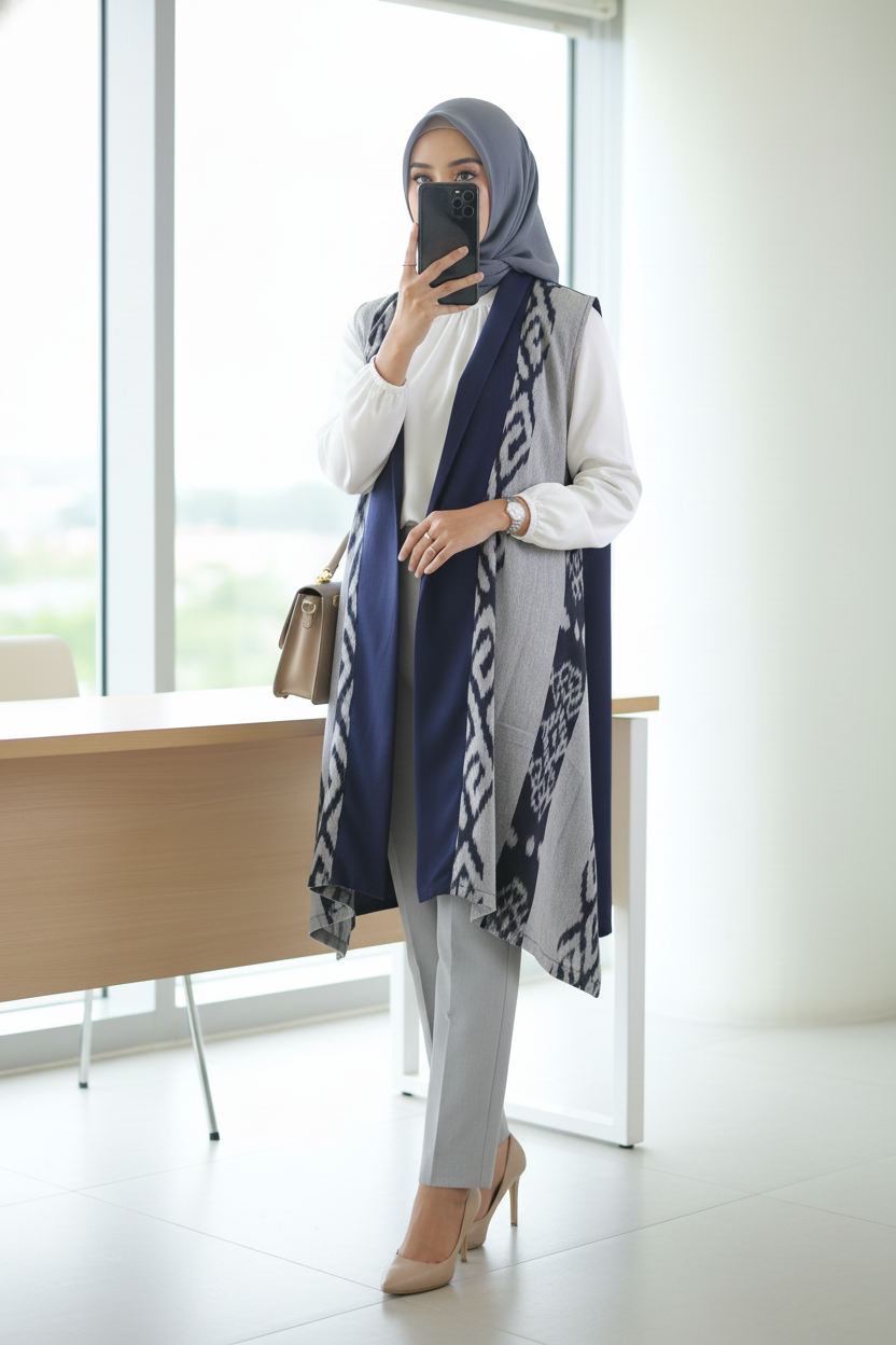Kila Navy Grey III Tenun Long Vest