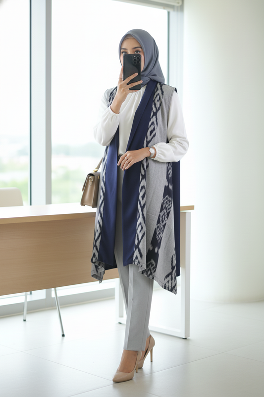 Kila Navy Grey III Tenun Long Vest