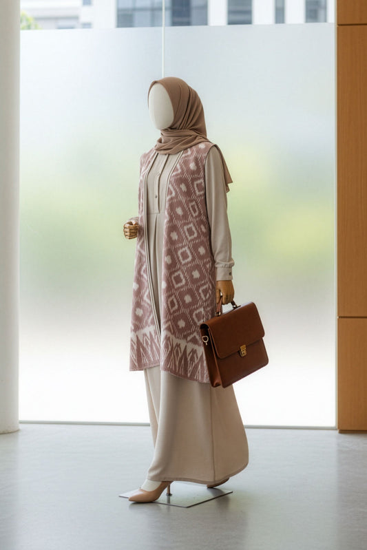 Mannequin wearing a patterned outfit with a hijab and holding a brown bag in a modern indoor setting.