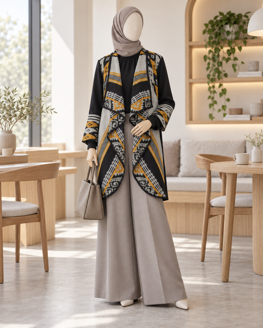 Sevinc Grey Mustard Tenun Long Cardigan