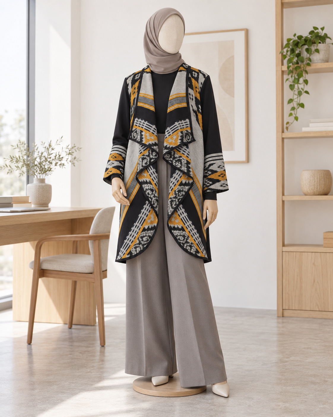 Sevinc Grey Mustard Tenun Long Cardigan