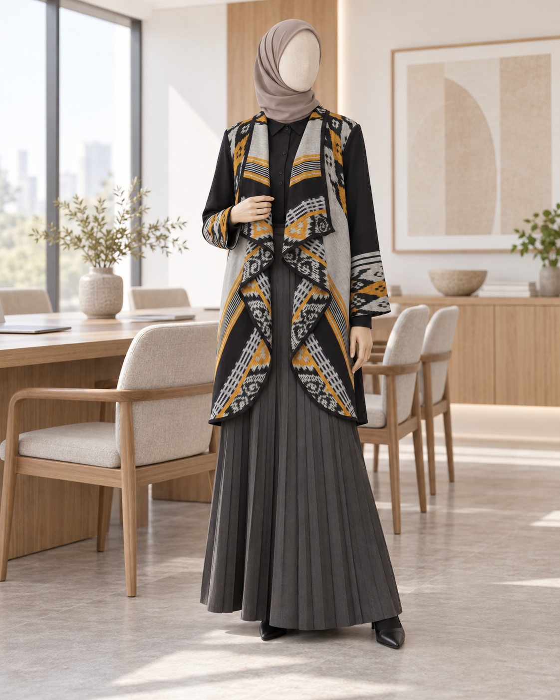 Sevinc Grey Mustard Tenun Long Cardigan