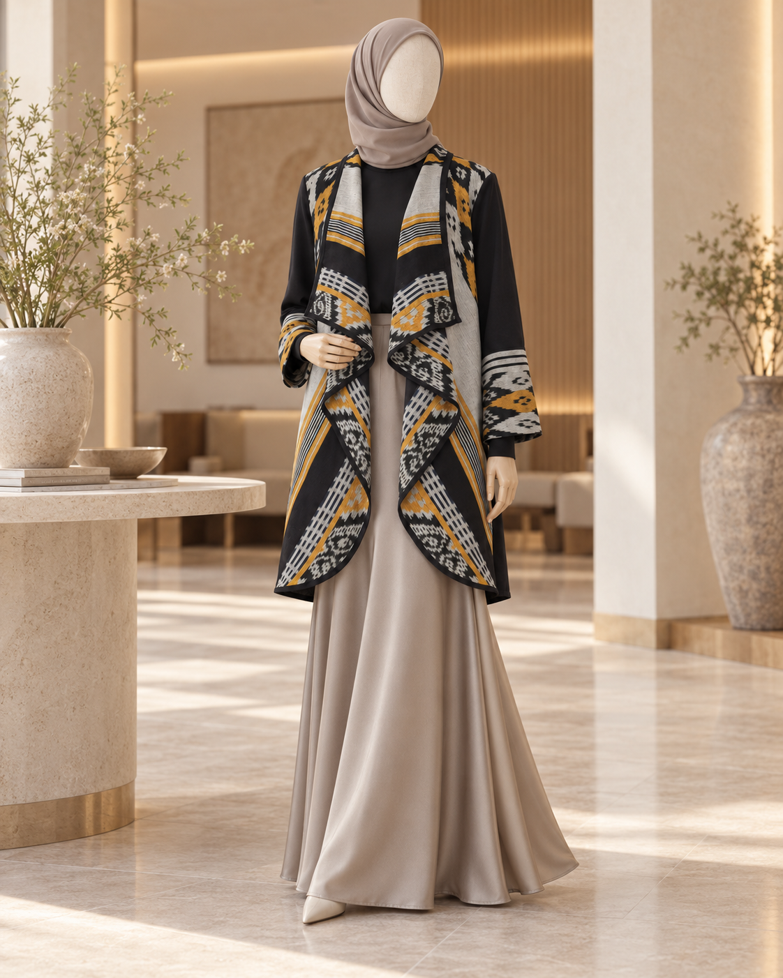 Sevinc Grey Mustard Tenun Long Cardigan